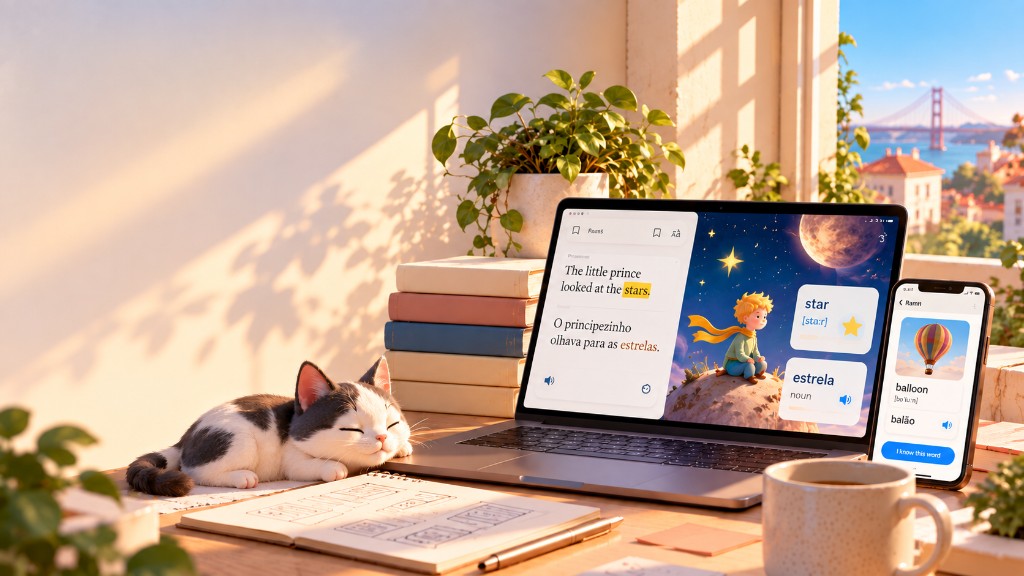 A quiet workspace with a laptop and phone showing a bilingual reading experience.